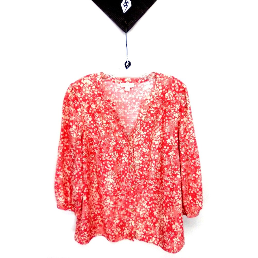 Knox Rose Women's V-Neckline 3/4 Sleeve Open Orange/White Floral Print Top M
